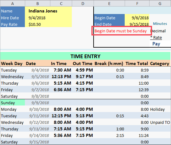 Begin or End Date Error on Employee Time Card